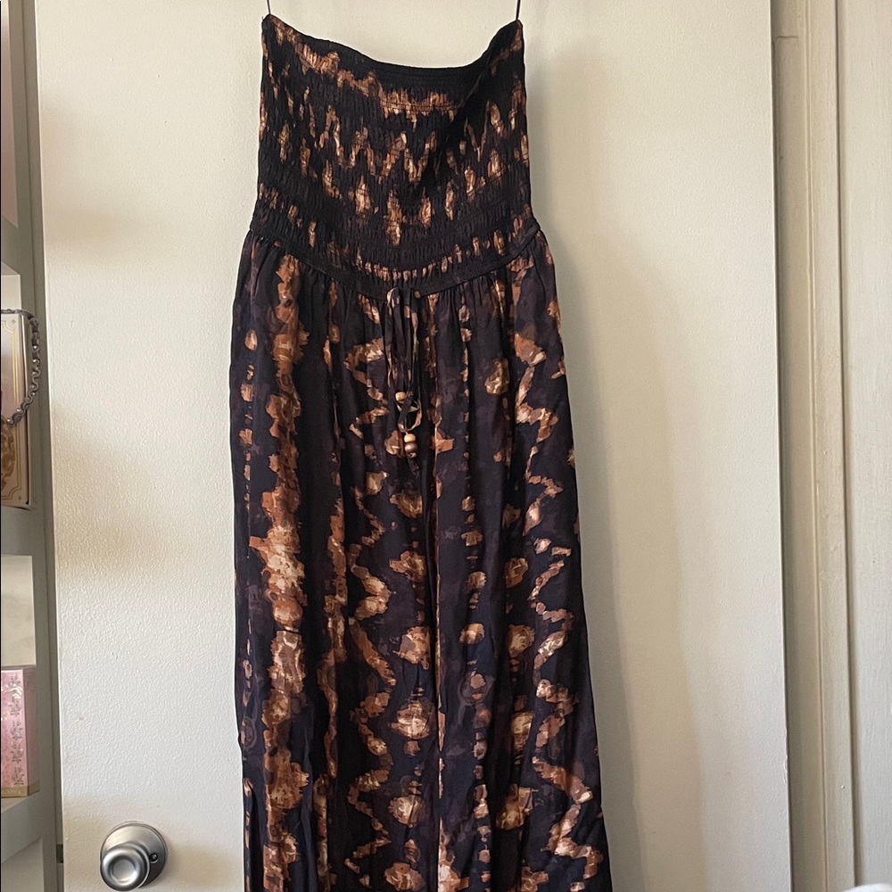 Vici Black and Brown Strapless Smocked Jumpsuit Romper